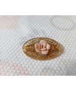 Vintage Gold Filigree Brooch With Porcelain Rose - $9.50 CAD