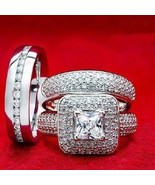 14K White Gold Over Diamond Engagement Bridal His Her Wedding Band Trio ... - $166.58 CAD