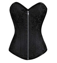 Black Brocade Spiral Steel Boned Zip Front Longline Corset Overbust Bustier Top - £58.28 GBP