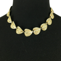 CORO gold-tone rhinestone leaf necklace - vintage 60s textured choker hook clasp - £19.57 GBP