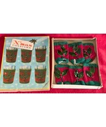Novelty 6 Vintage MCM Christmas Coasters Red &amp; Green w Holly Original Box - $16.67 CAD