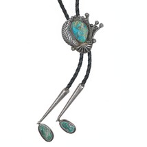 39&quot; 60&#39;s-70&#39;s Native American silver and turquoise bolo tie with fancy d... - £304.58 GBP