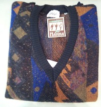 Maglione uomo misto lana scollo V XL ampio fantasia astratta blu/arancio Manna - £59.35 GBP