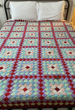 Vtg 1960s Quilt Topper Handmade Scrap Diamond Squares 78&quot;x68 Colorful Poly Knit - £104.67 GBP