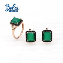 Natural gemstone  green agate ring earrings Jewelry Set 925 sterling silver fash - £90.03 GBP