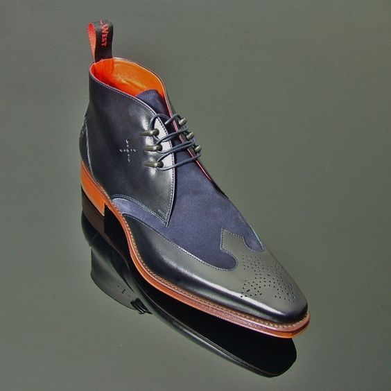 Handmade men's leather boot, Men Blue and black Chukkay boot, Mens leather boot
