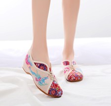 Retro Women Canvas Embroidered Flat Shoes Vegan Ladies Casual Loafers Comfortabl - £22.52 GBP