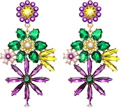Mardi Gras Earrings for Women Rhinestone Mardi Gras Accessory Purple Green Gold  - £22.67 GBP