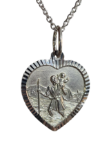St Christopher Necklace Heart Pendant 925 Silver  18&quot; Chain Travel Prote... - $31.17
