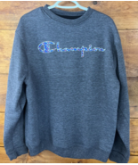 Champion Mens Fleece Sweatshirt Long Sleeve Crew Neck Script Logo Gray S... - $464.20 MXN