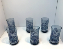 Libbey Blue and White Glasses Winter Scene Design D Cheviot Signed Set o... - £19.46 GBP