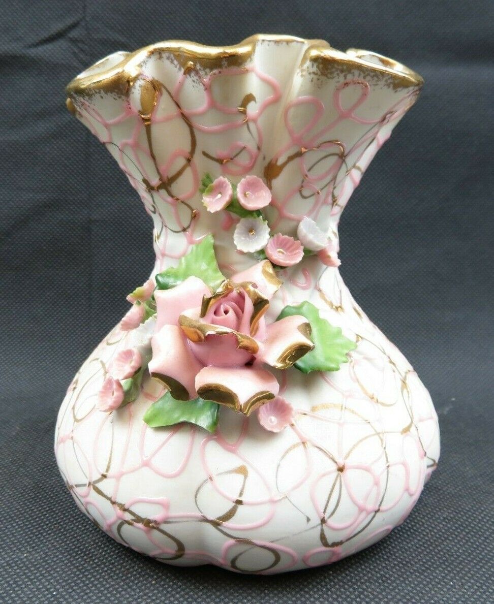 Vintage basket porcelain Lefton China hand painted vase Roses Pop Art deco - $38.00