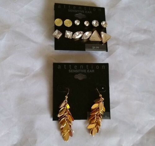 attention Sensitive Ear Gold Clear Tones Stud Wire Hook Earring Set Gift for Her - $14.34