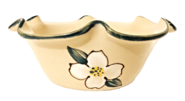 Kovack Studio Pottery Bowl Beige w/Green Ruffled Rim &amp; Flower 2.5&quot;H 6.5&quot;... - $13.49