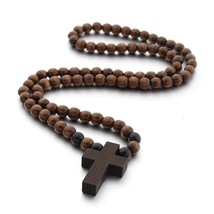 Men&#39;s Unisex Cross Wood Pedant Necklace Christian Jewelry Wooden Ball Chain 26&quot; - £7.96 GBP