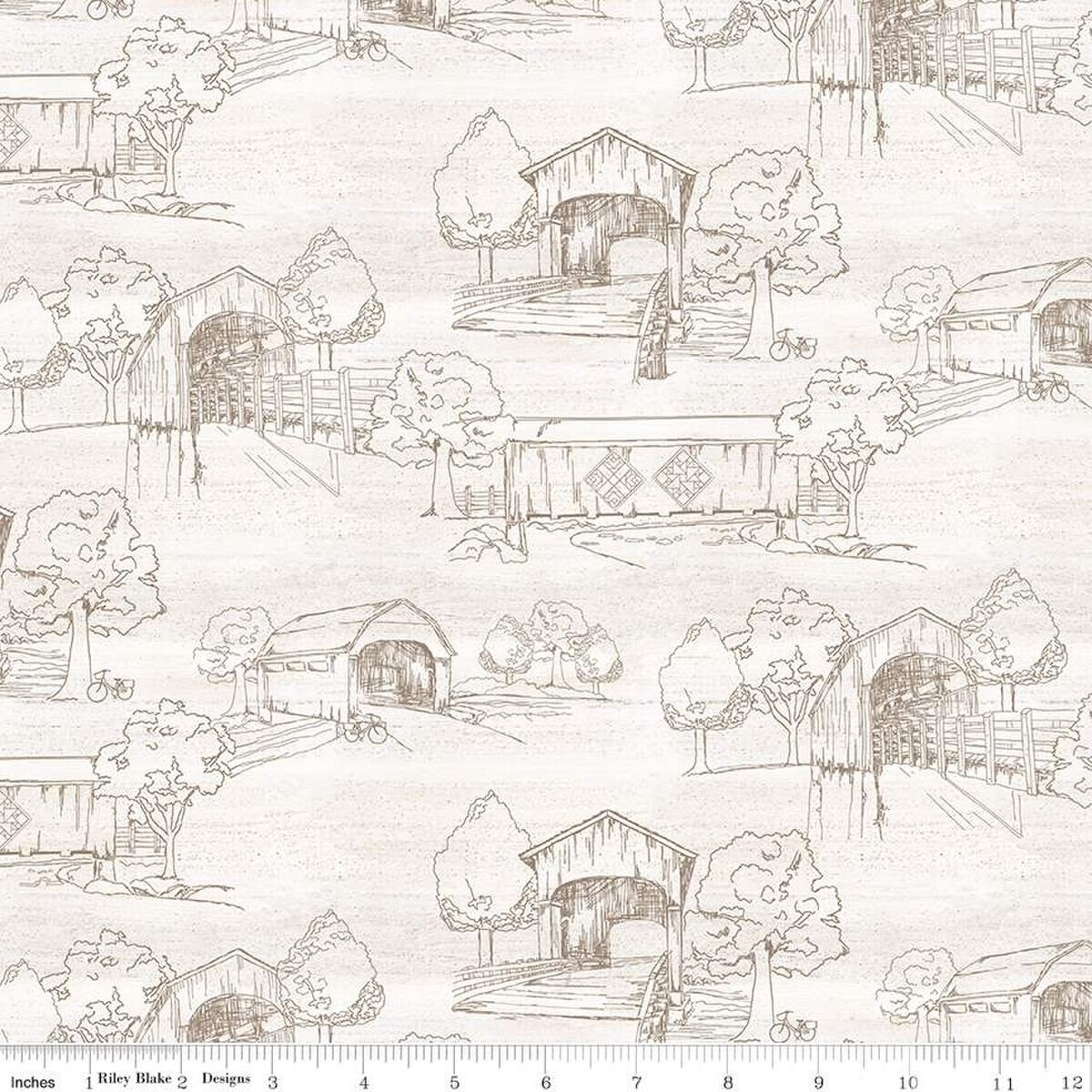Cotton Covered Bridges in Spring Art Sketches White Fabric Print by Yard... - $13.95