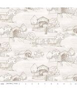 Cotton Covered Bridges in Spring Art Sketches White Fabric Print by Yard... - $13.95