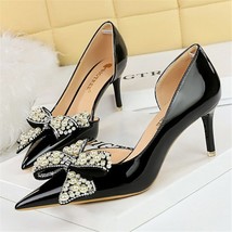 Women 7.5cm 10.5cm High Heels Wedding Bridal Pearl Pumps Lady Butterfly Knot Bow - £29.51 GBP