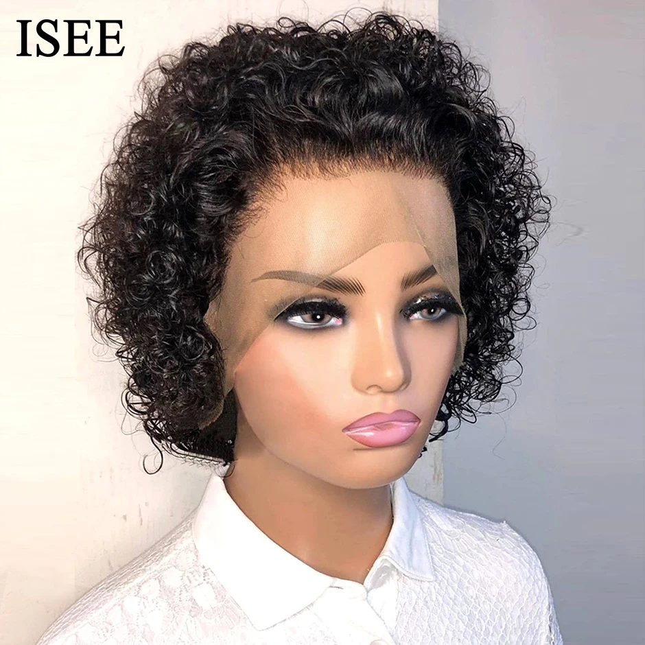 ISEE HAIR Curly Human Hair Wigs Short Bob Wigs Human Hair Pixie Cut Wig 13X1 - £79.57 GBP