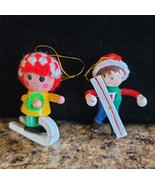 2 Boys Skiing Wooden Christmas Ornaments Hand Painted Vintage Taiwan 3&quot; ... - £6.25 GBP