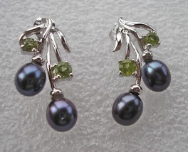 Vintage 1990-s  925 Sterling Silver Earrings with Peridot/Black Pearls i... - £92.64 GBP