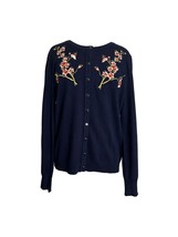 Melrose Chic Cardigan Sweater Sz Large Navy Blue Floral Embroidery Butto... - £15.03 GBP