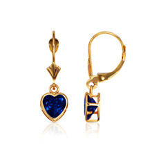 14K Solid Yellow Gold Bezel Set Sapphire 6mm Heart Leverback Dangle Earr... - £57.46 GBP