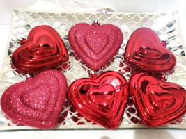 Valentines Day Shiny Glitter Red Hearts 4&quot; Tree Ornaments Decorations Decor 6pc - £19.97 GBP