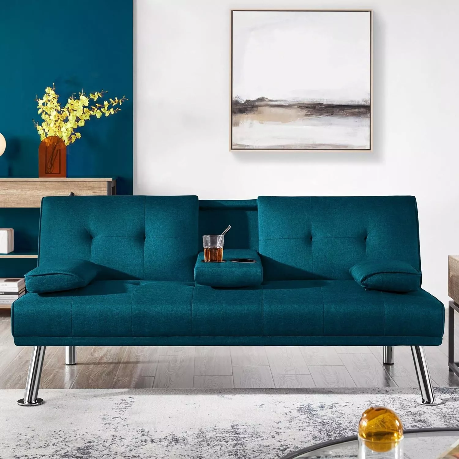 Blue Fabric Futon Sleeper Sofa Bed: Modern Recliner Couch with Cupholders - $279.27 CAD