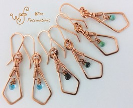 Handmade copper earrings: framed wire wrapped dangling glass drop bead - £23.12 GBP
