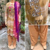 Pakistani Light Brown Printed Straight Shirt 3-PCS Lawn Suit w/ Threadwo... - £41.79 GBP