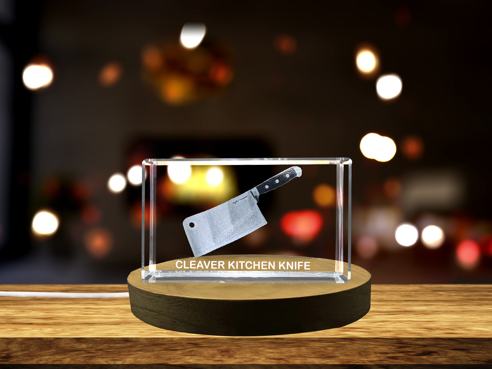 LED Base included | Cleaver Kitchen Knife Immortalized in 3D Engraved Crystal