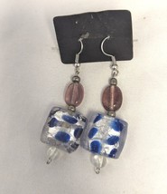 VTG Earrings Murano Art Glass Cobalt Blue Dot Amber Hand Crafted Artisan Crafted - $24.88