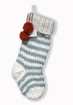 Christmas Stocking Knitted w/ Red Pom Poms Green White Striped Hearth &amp; ... - $17.83