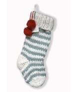 Christmas Stocking Knitted w/ Red Pom Poms Green White Striped Hearth &amp; ... - $17.83