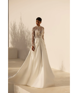 A-Line Wedding Dress with High Neck Long Sleeve in Satin &amp; Sparkling Flo... - $538.00