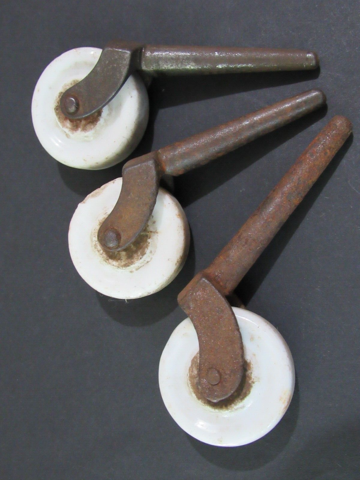 3 Antique Vintage White PORCELAIN &amp; IRON Casters Wheels Furniture Rollers - $17.89