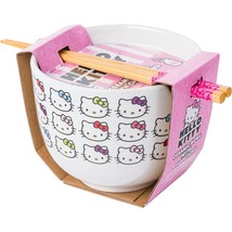 Sanrio Hello Kitty Faces Bows Pattern Ceramic Ramen Rice Bowl with Chops... - $26.86