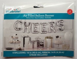 Cheers Air Filled Balloon Banner Silver 16&quot; Balloons 14 Ft Ribbon - £9.37 GBP