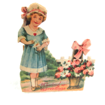 Vintage Valentine Die Cut Stand Up Girl Bonnet &amp; Flower Basket 1920-30s Germany - £7.46 GBP