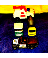 Toy ambulance, police truck, farm truck, and cement mixer - $39.26 CAD