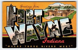 Greetings From Fort Wayne Indiana Postcard Large Big Letter Linen Unposted Kropp - £16.06 GBP
