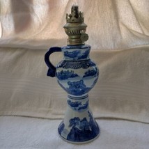 Victoria Ware Ironstone oil lamp oriental style blue &amp; white surface edge crack - $40.00