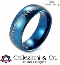 Mens Blue Tungsten Carbide Steel Baseball Player Stitch 8mm Domed Ring Band - £11.98 GBP