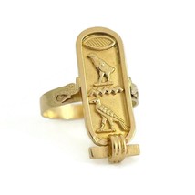 Estate Long Hieroglyphic Egyptian Bird Cartouche Ring 18K Yellow Gold, 5.51 Gram - £882.75 GBP