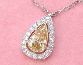 Art Deco 1.45ct Fancy YELLOW-BROWN Diamond Pear Drop Solitaire 15&quot; Necklace Cert - £7,067.93 GBP