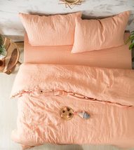 Peach Color Stonewashed Cotton Duvet Cover-Duvet Cover with Coconut Butt... - £52.86 GBP
