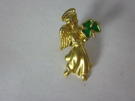 Vintage AVON Goldtone Angel Holding Green Enamel Shamrock Lapel Pin - £4.65 GBP
