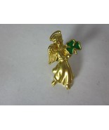 Vintage AVON Goldtone Angel Holding Green Enamel Shamrock Lapel Pin - £4.72 GBP