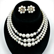 Vintage Japan Faux Pearl AB Crystal Multi Strand Necklace Earrings Demi Set - £15.63 GBP